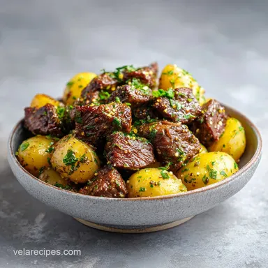 Garlic Steak Bites and Potatoes Recipe in 30 Minutes Recipe Card