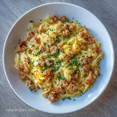 Sausage Hash Brown Breakfast Bake for 8 Recipe Card