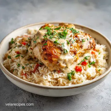 Smothered Chicken and Rice: Creamy One-Pan Dinner for 4 Servings Recipe Card