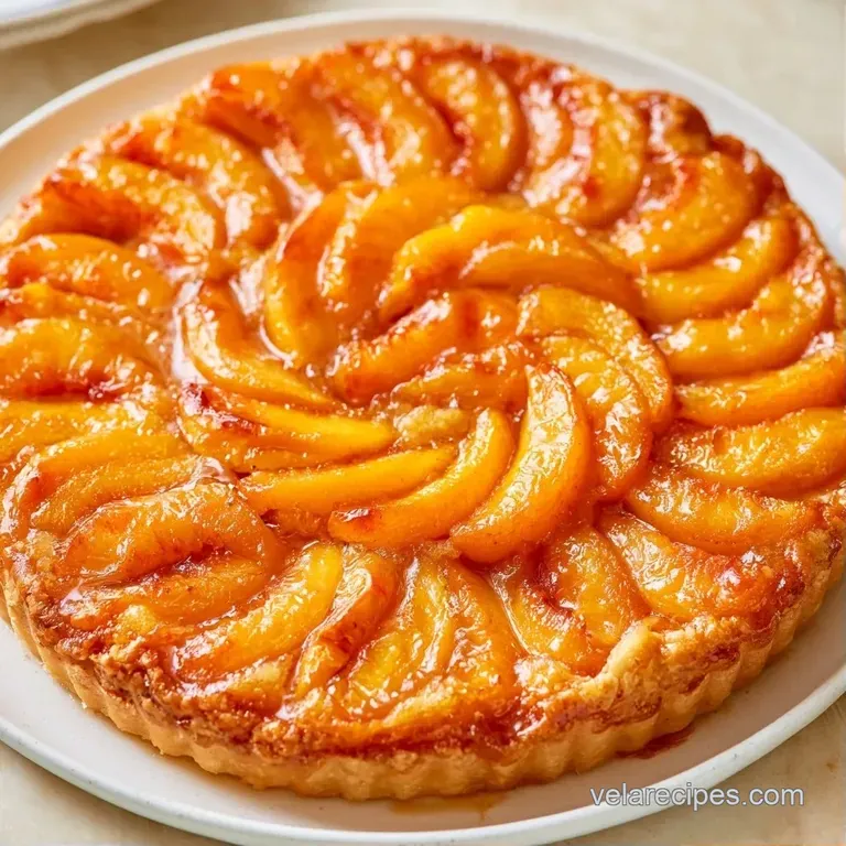 A slice of creamy peach tart on a white plate, showing a buttery crust and tender, sun-colored fruit slices.