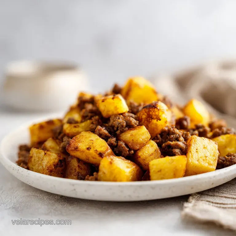Neatly plated golden potatoes and seared beef cubes on a ceramic dish, topped with a sprinkle of fresh herbs.