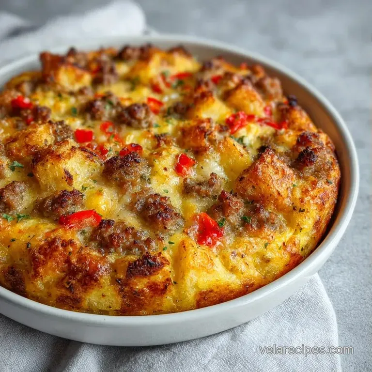 A square slice of fluffy baked eggs and savory sausage on a white plate with a side of fresh, colorful berries.