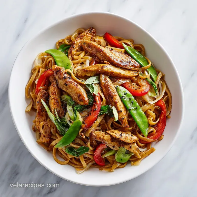 Elegantly swirled brown noodles in a ceramic bowl, topped with golden chicken and a garnish of sliced green onions.