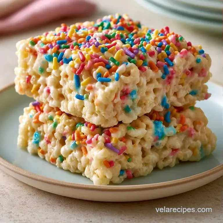 Stacked squares of creamy white treats with bright confetti sprinkles on a minimalist white ceramic platter.