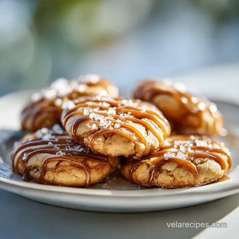 A neat stack of warm, soft cookies on a white ceramic plate with a glossy caramel drizzle and flakes of sea salt.