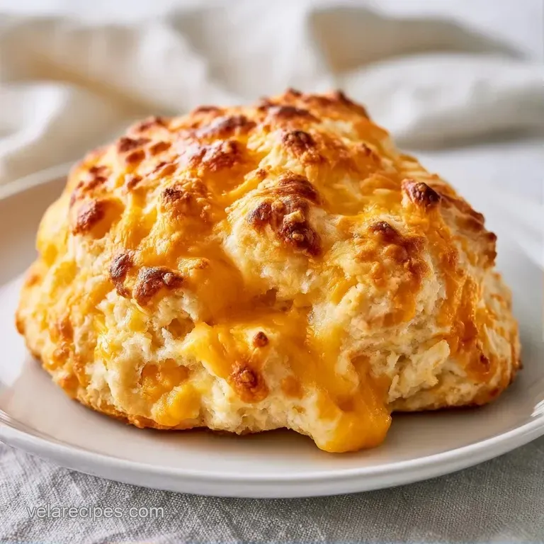 A square slice of fluffy golden biscuit bake on a white plate, topped with melted cheese and a sprig of fresh thyme.