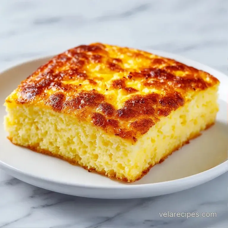 A square slice of fluffy yellow egg bake on a ceramic plate, topped with melted cheese and a sprig of green chives.
