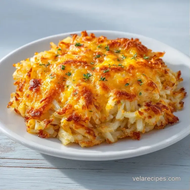 A square slice of golden potato bake on a white plate, topped with melted cheddar and a sprinkle of fresh chives.