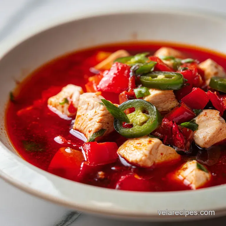 Elegant white bowl of hearty red soup topped with creamy avocado slices, fresh cilantro, and a lime wedge on a napkin.