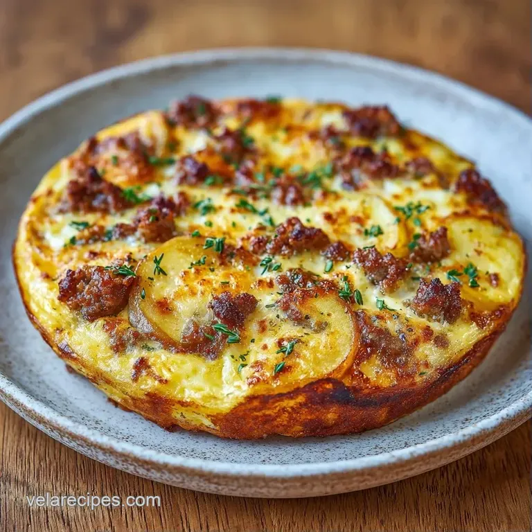 A golden savory bake slice on a white ceramic plate, garnished with fresh herbs and a sprig of rosemary.