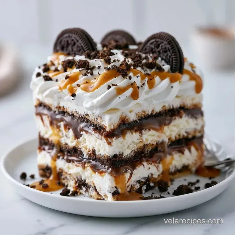 A chilled dessert slice showing neat layers of dark chocolate cookies and airy white cream on a white ceramic plate.