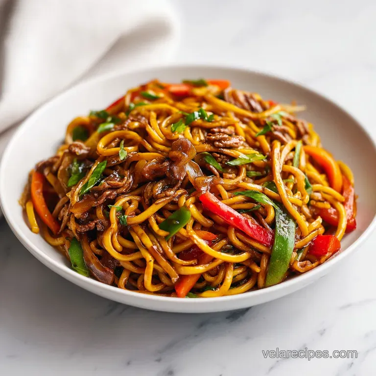 A steaming bowl of lo mein showcasing tender noodles, colorful vegetables, and a rich, savory sauce.