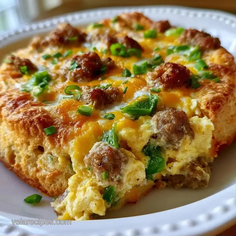 A square slice of fluffy biscuit bake topped with melted cheddar and fresh chives on a matte white porcelain plate.