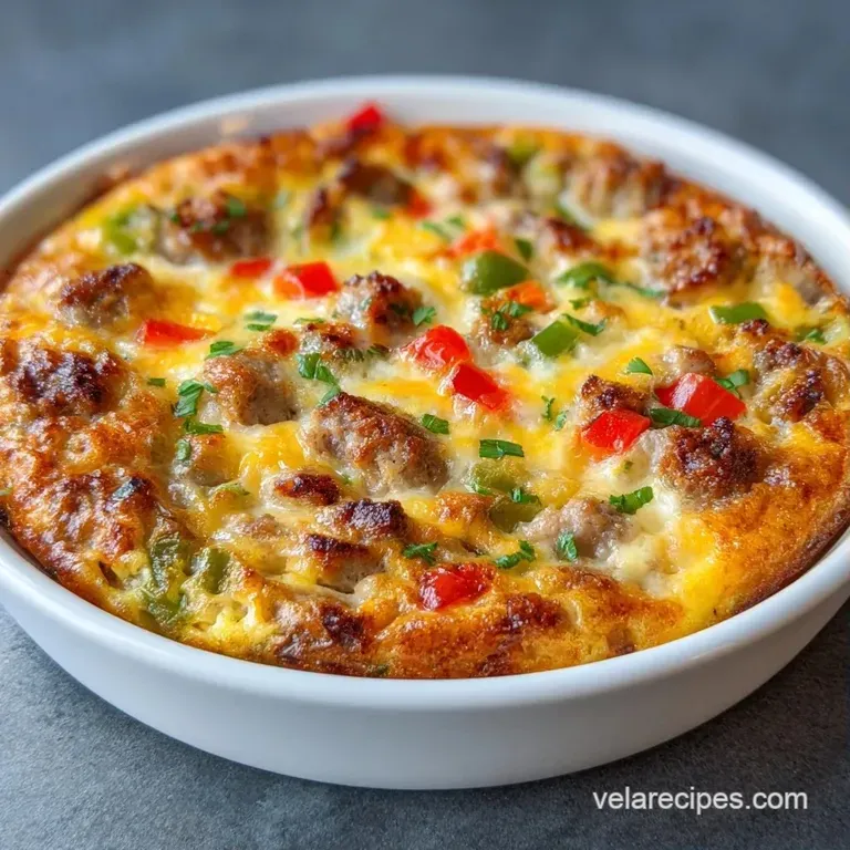A fluffy square slice of cheesy baked eggs and sausage topped with fresh chives on a modern white ceramic plate.