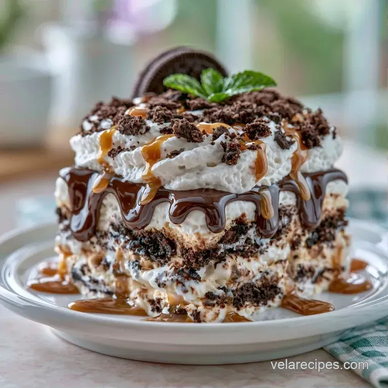 Cool dessert slices arranged on a white porcelain plate with a drizzle of fudge and a dusting of powdered sugar.