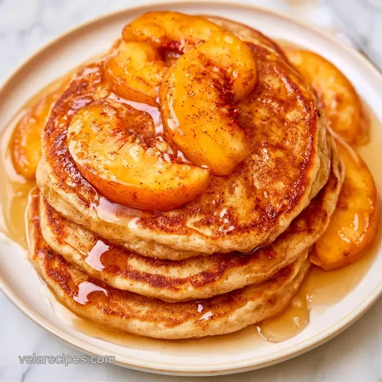Golden-brown cakes on a white ceramic plate, garnished with fresh peach wedges and a vibrant sprig of mint.
