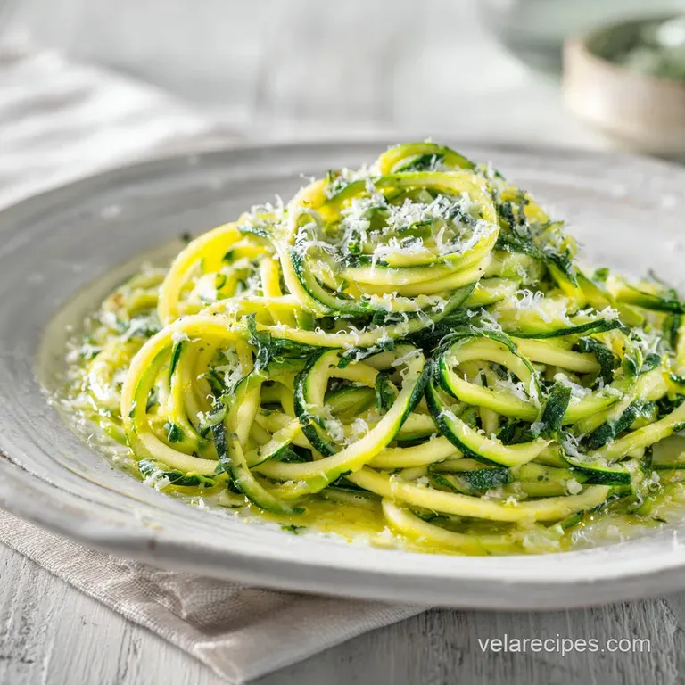 A vibrant swirl of tender zucchini noodles, glistening with butter and topped with Parmesan.