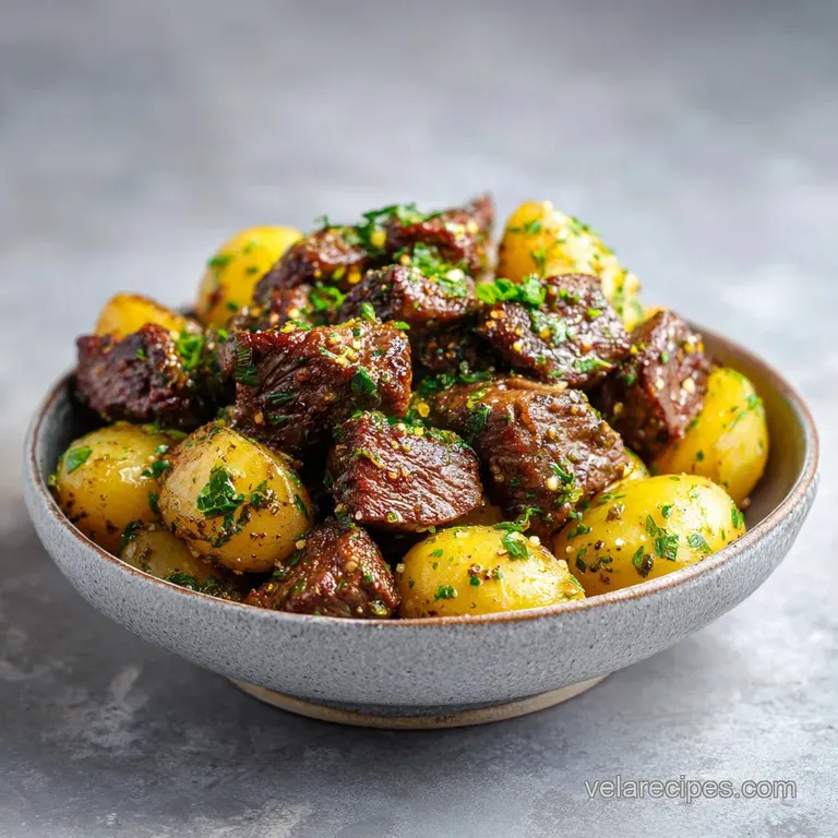 A rustic wooden board showcases juicy steak bites and crispy potatoes, scattered with vibrant green parsley.
