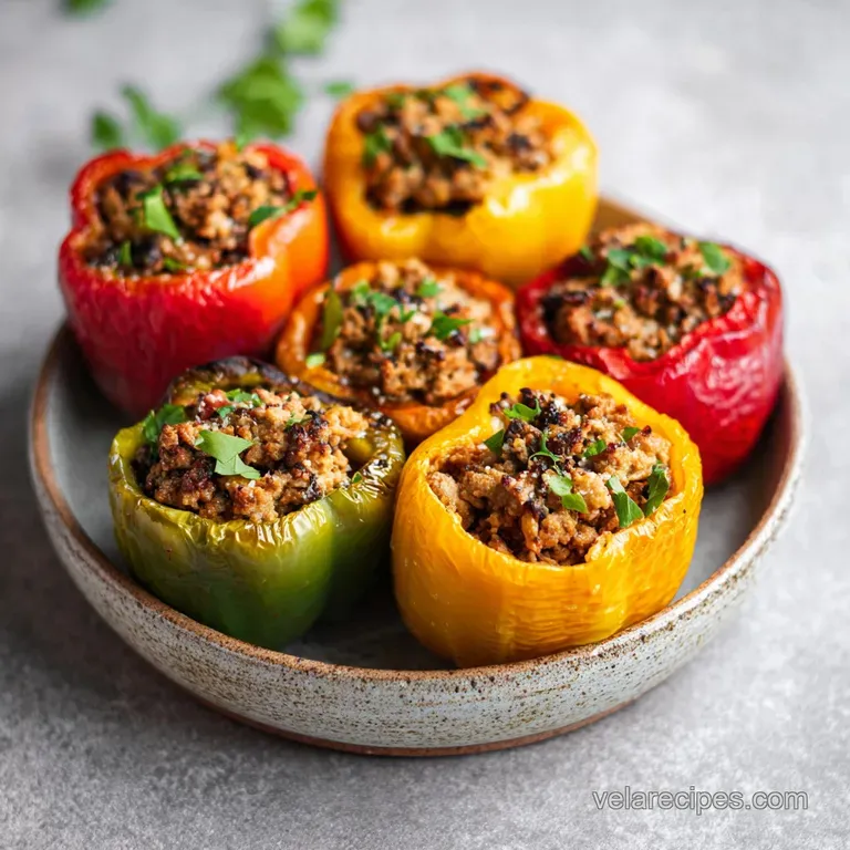 Artfully arranged stuffed pepper halves, glistening with savory filling, on a white plate.