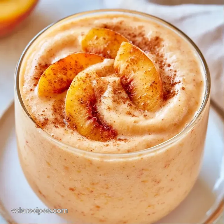 A tall glass of frosty orange smoothie accented by a sprig of mint and a peach wedge on a clean marble surface.