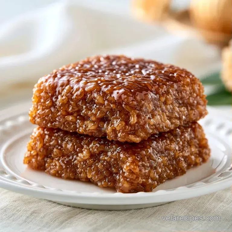 Neatly stacked translucent rice cakes topped with toasted sesame seeds and a drizzle of syrup on a dark slate board.