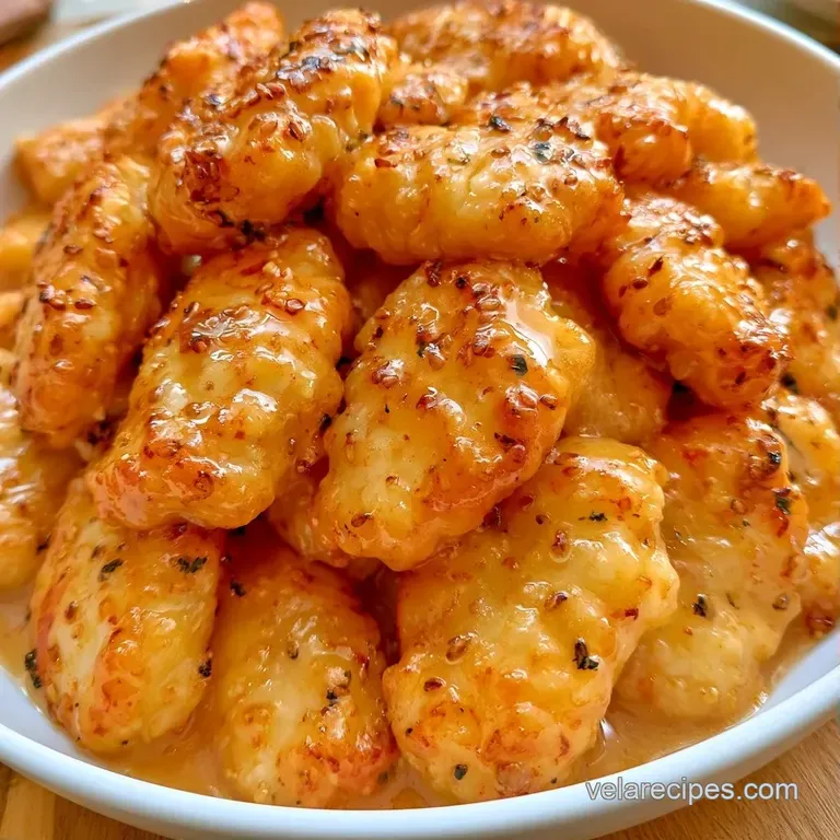 Glossy, honey-coated rice cakes piled neatly on a slate platter, garnished with toasted sesame seeds and mint.