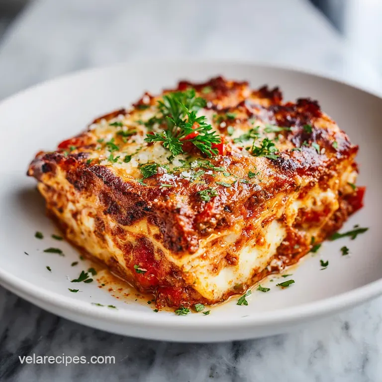 A generous slice of bubbling lasagna, adorned with fresh parsley, on a white plate.