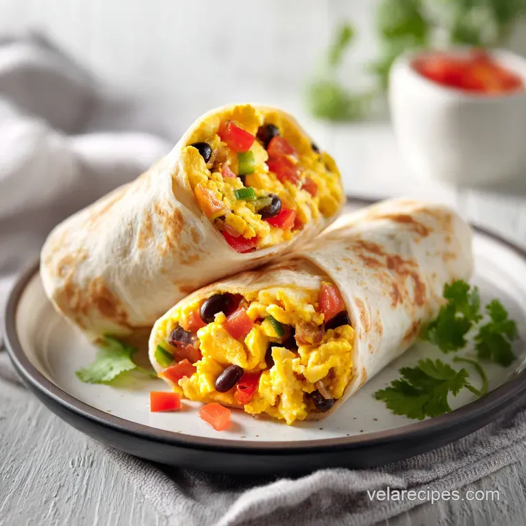 A warm breakfast burrito, cut in half, revealing its savory sausage and vibrant pepper filling on a clean plate.