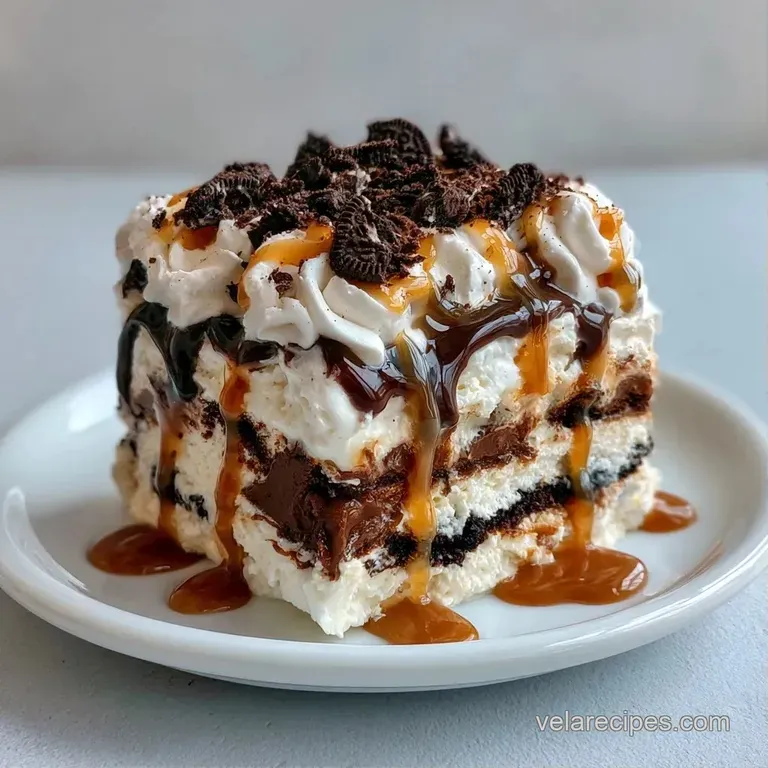 A neat slice of chilled layered dessert on a white plate, showing alternating dark brown and creamy white stripes.