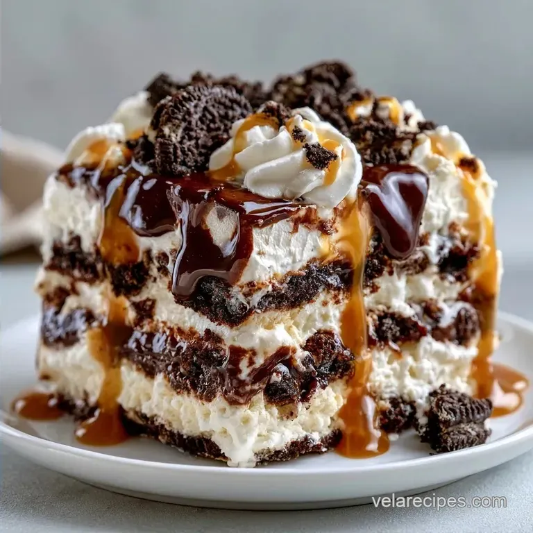 No Bake Ice Cream Sandwich Cake with Hot Fudge