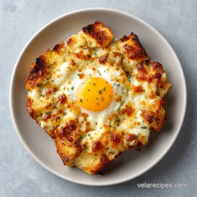 Square slice of fluffy egg bake on a white plate, topped with melted golden cheese and a sprinkle of green herbs.