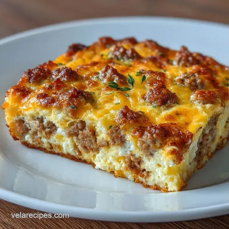 A square slice of savory egg bake on a white plate, topped with melted cheese and a sprinkle of fresh green chives.