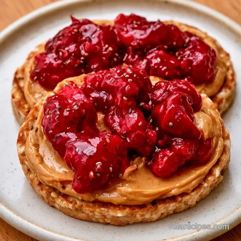Three toasted rice cakes topped with creamy nut butter and vibrant berry preserves, arranged on a marble platter.
