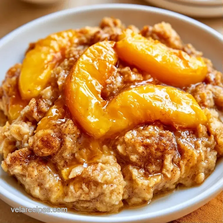 A square slice of warm oat bake on a white plate, drizzled with amber maple syrup and a fresh peach wedge.