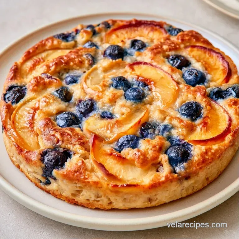 Warm square of fruit-filled oats on a white plate, topped with a maple syrup drizzle and fresh blueberries
