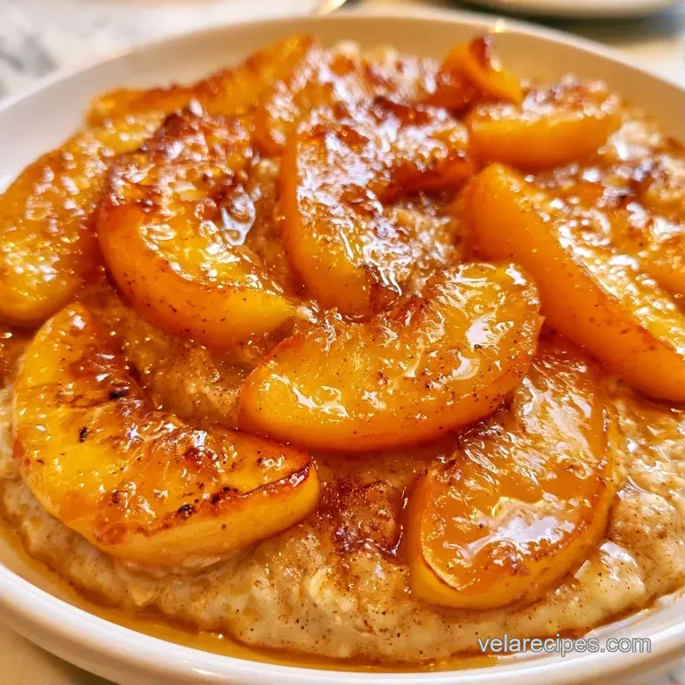 A slice of toasted golden cake topped with fresh peach wedges and a drizzle of maple syrup on a ceramic plate.