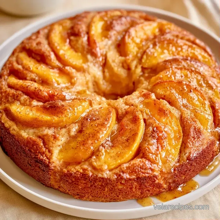 A slice of tender yellow cake served with a swirl of creamy yogurt and fresh peach slices on a white platter.
