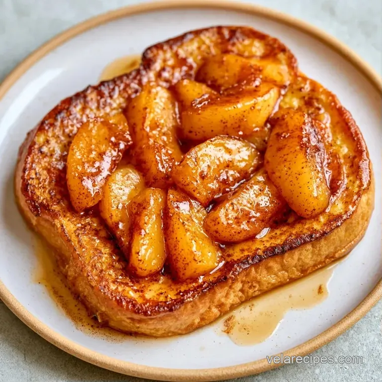 A square slice of golden-brown toasted bread with warm peaches on a white plate, drizzled with amber maple syrup.