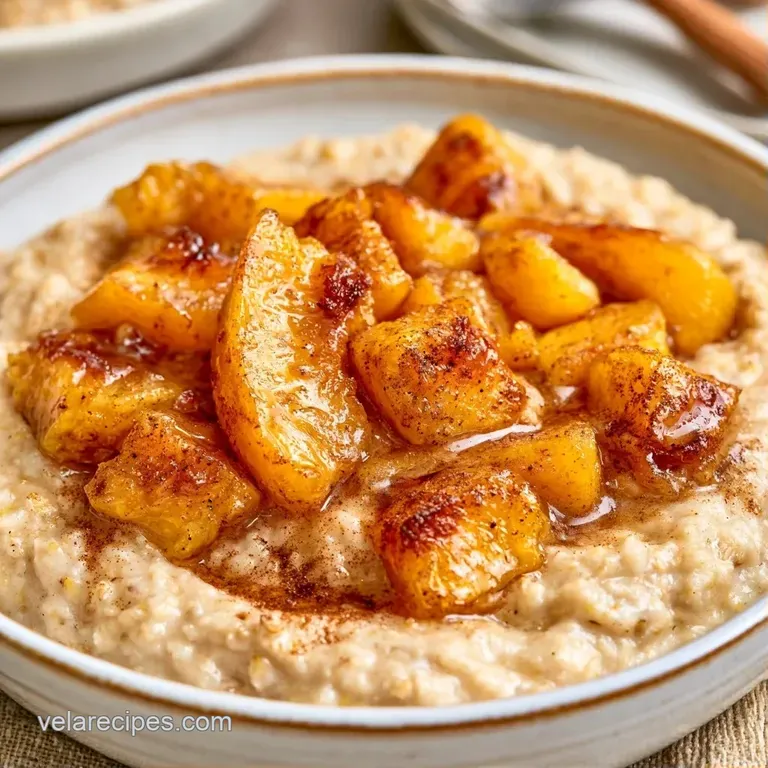 Creamy porridge in a white bowl topped with caramelized peach slices, a mint leaf, and a drizzle of golden syrup.