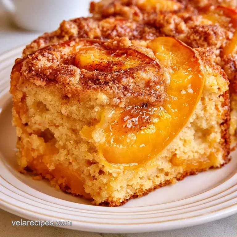 A thick slice of moist cake with glistening peach pieces served on a white ceramic plate with a silver fork.