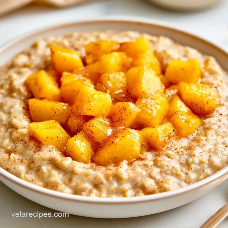 Row of clear jars filled with creamy white oats and vibrant orange peach slices on a bright marble surface.
