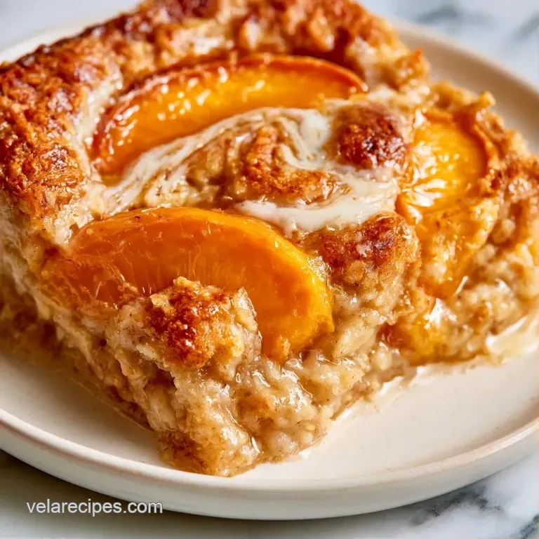 Toasted oat cake topped with a swirl of thick cream and sliced sun-ripened peaches on a minimal white ceramic plate.