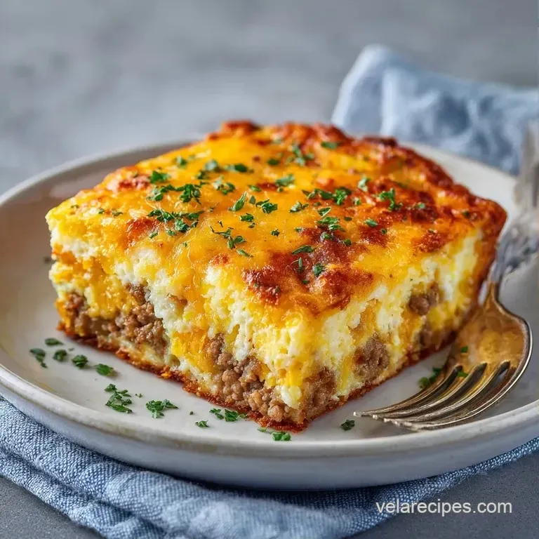 A square slice of fluffy egg bake topped with melted cheddar, served on a white plate with fresh chives.