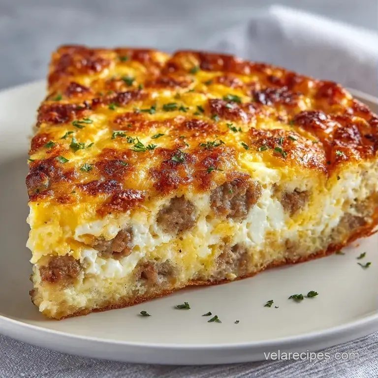 A square slice of fluffy egg casserole on a white plate with a side of vibrant red cherry tomatoes and fresh greens.
