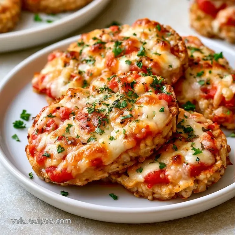Three miniature toasted circles topped with melted cheese and red sauce, arranged on a slate board with fresh basil.