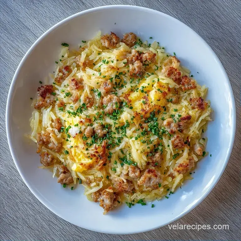 A square slice of cheesy potato casserole on a white ceramic plate garnished with fresh, chopped green onions.