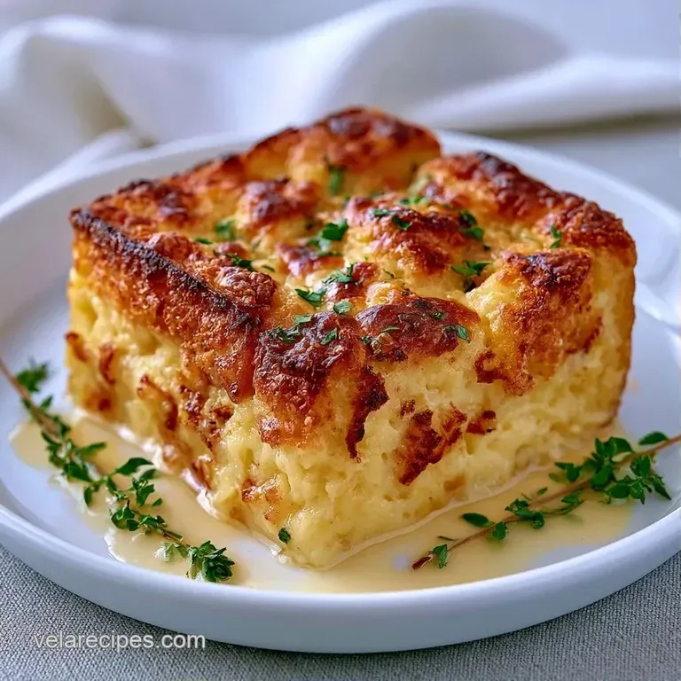 A toasted slice of savory bread custard on a white plate, garnished with a sprig of fresh thyme and cracked pepper.