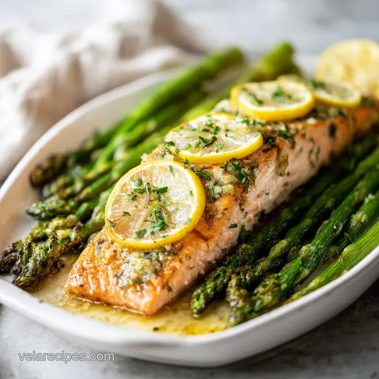 A perfectly cooked salmon fillet, glistening with lemon, sits beside tender asparagus on a white plate.