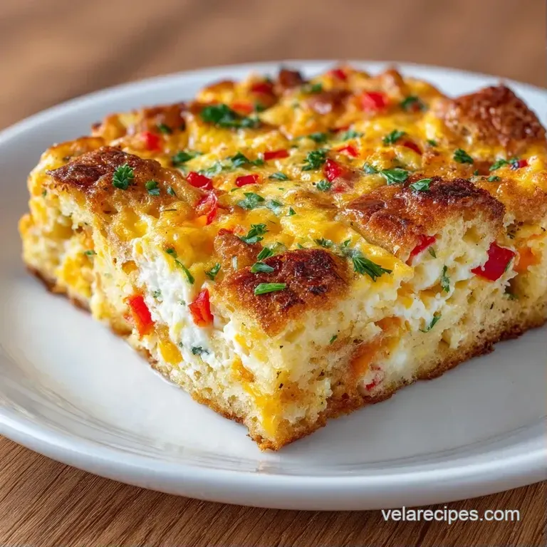 Golden square slice of cheesy egg bake on a white ceramic plate, paired with a crisp side of mixed baby greens.