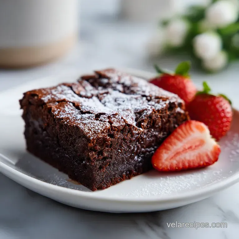 A single rich brownie square with a glossy finish, artfully arranged on a white plate.